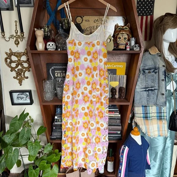 Zara - Midi Crochet Daisy Dress Orange Yellow Pink - size xs - Picture 7 of 8